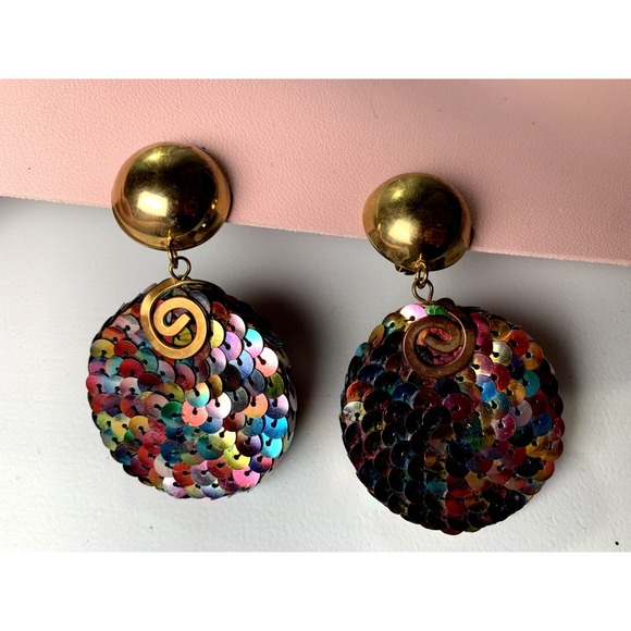 The Unbranded Brand Jewelry - Vintage 90s Earrings Statement Womens Dangle Clip On Sequin Colorful Retro